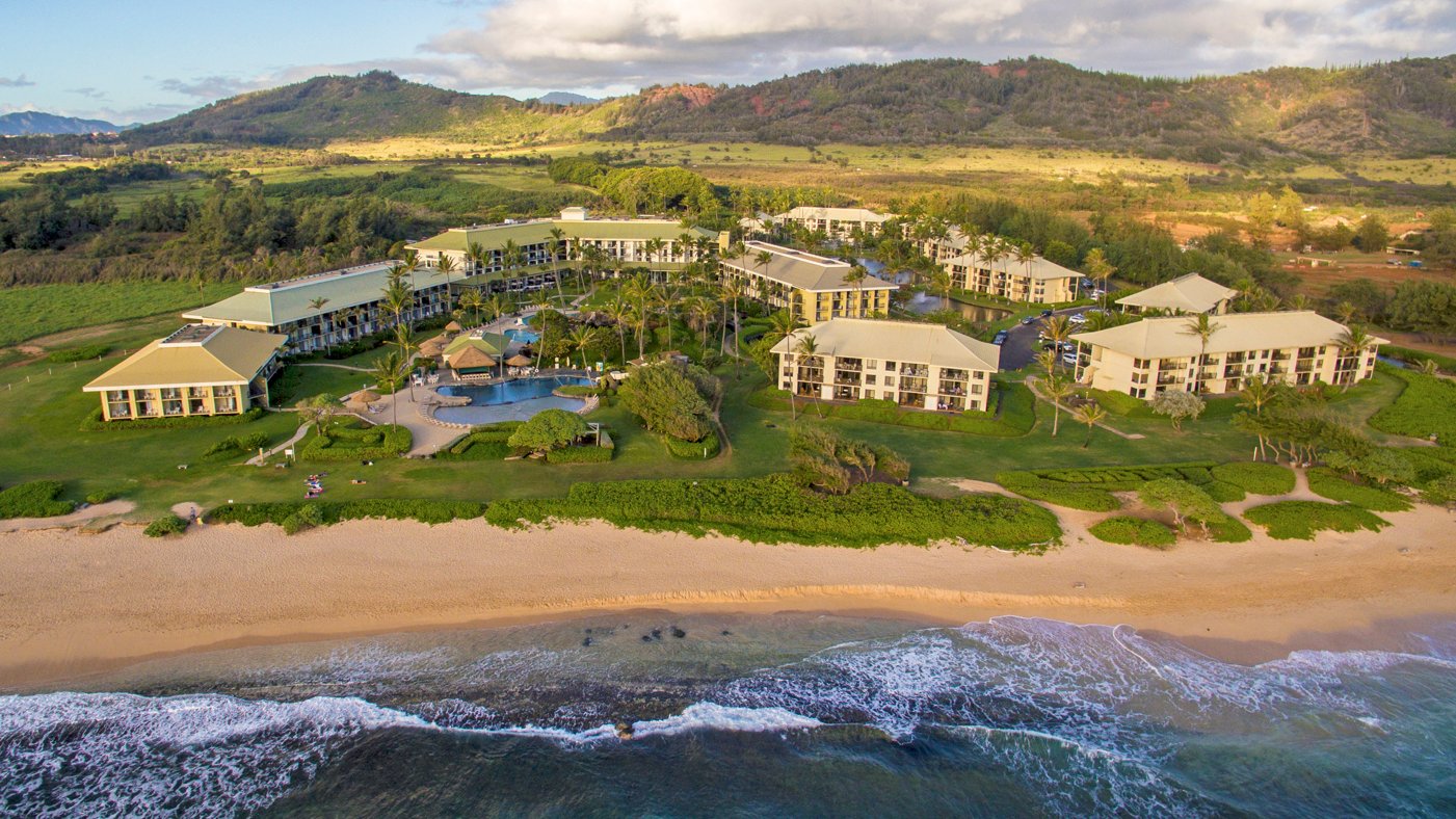 Outrigger Kauai Beach Resort oceanfront property aerial 